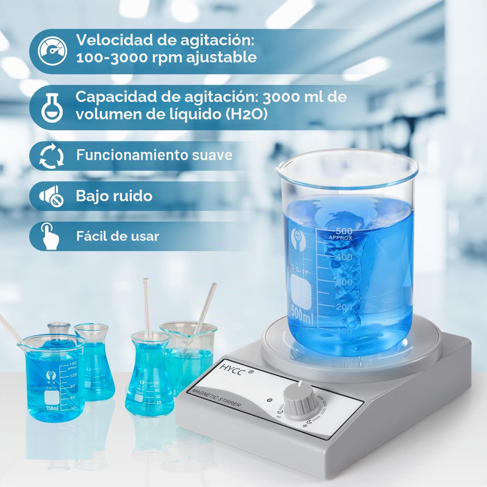 HYCC Agitador magnético, Mezclador magnético de 3000 RPM, Stir Plate MAX Stirring Liquid 3 litros, Agitadores de Laboratorio con Juego de Barra agitadora de y recuperador de Barra agitadora