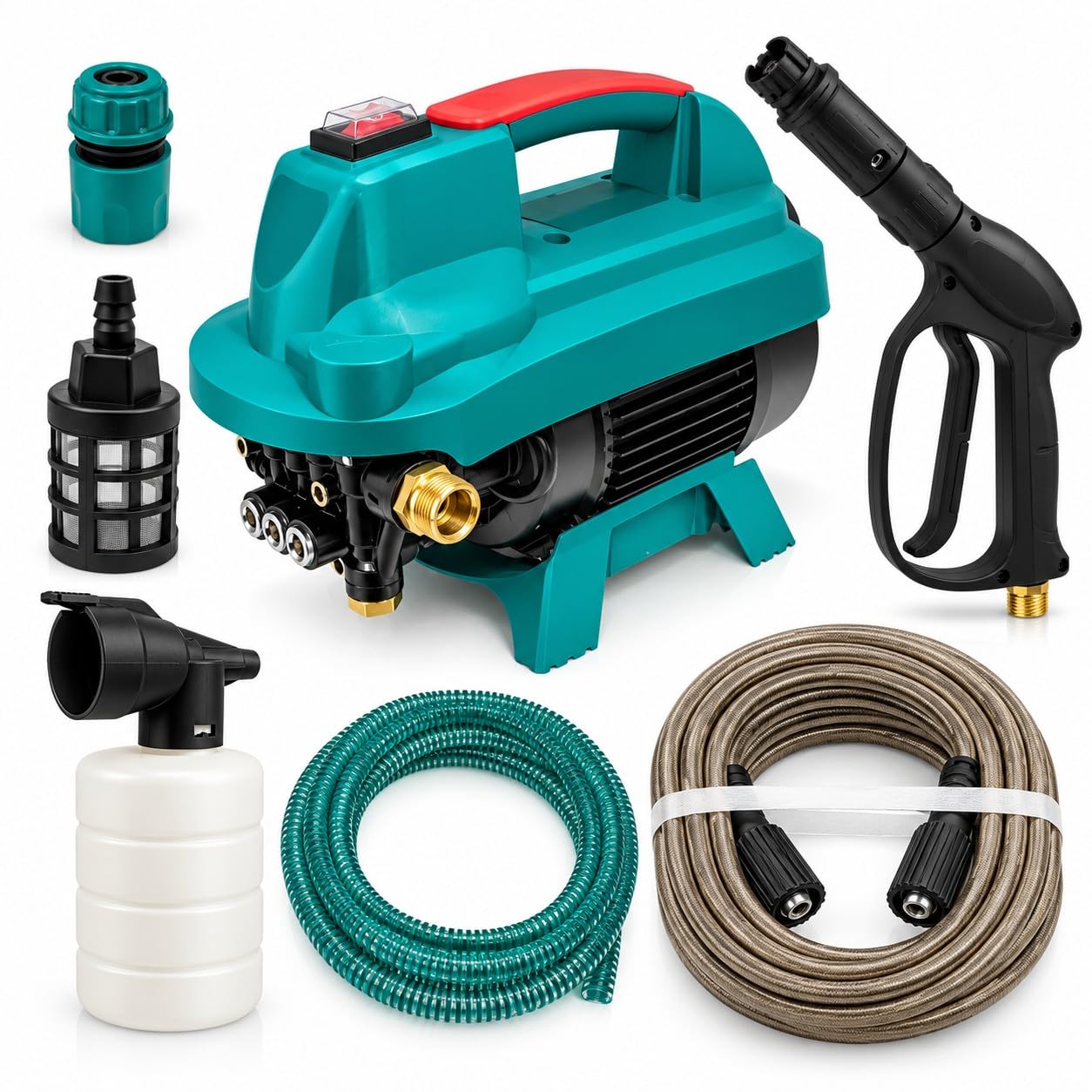 Idropulitrice 1500W 100 Bar, 5,5 L/min, 70 Bar Pressione di Esercizio, Idropulitrice ad Alta Pressione con Aspirazione da Secchio, Attacco Rubinetto, Tubo Alta Pressione
