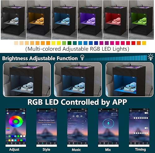 Miniatura 4 de HOMMPA Juego de 2 mesitas de noche LED con estante abierto con estación de carga, 2 cajones, mesita de noche negra con almacenamiento, mesitas de