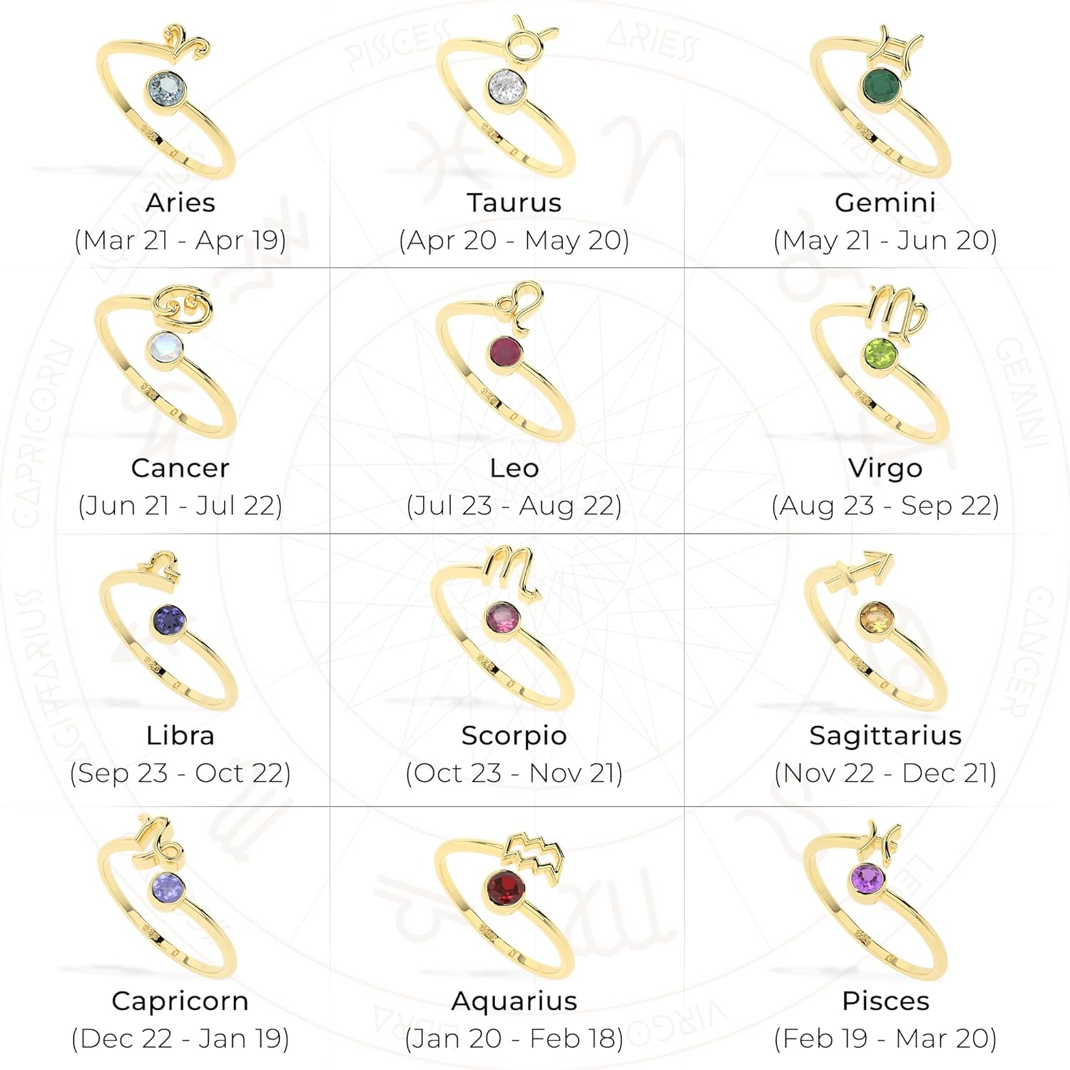 Natural Gemstone with Zodiac Sign, Stackable Ring for Women in Sterling Silver/Yellow Gold Vermeil, Birthstone Jewelry Gifts for Her (Bezel-Set)