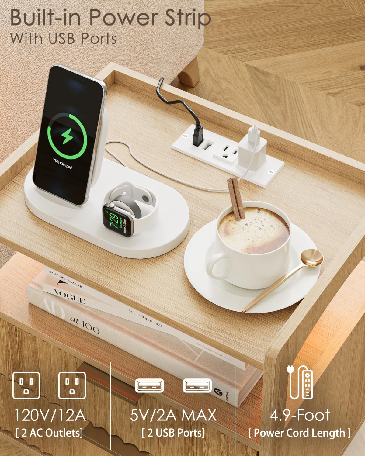 Nightstand with Charging Station and LED Lights,Modern Bedside Table with 2Drawer and Open Shelf,Oak Night Stand with Solid Wood Legs,End Table for Living Room、Bedroom and Small Spaces image 5