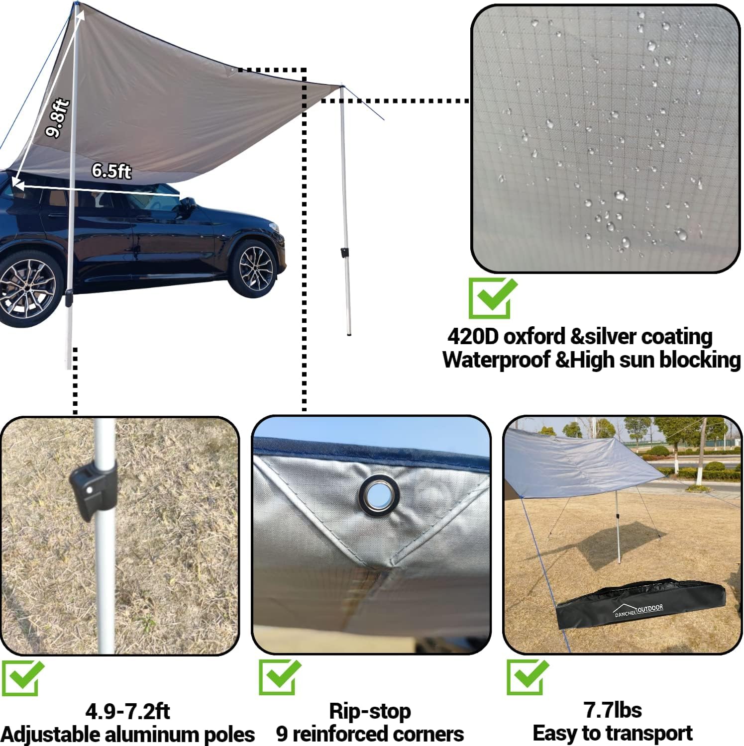 DANCHEL OUTDOOR Portable Suction Cups Car Awning 7.7lbs, Neednt Roof Rack Hardwares, Waterproof Vehicle Tarp Camper Awning Truck SUV Overlanding Accessories (Gray,6.5ftx9.8ft) DANCHEL OUTDOOR Portable Suction Cups Car Awning 7.7lbs, Neednt Roof Rack Hardwares, Waterproof Vehicle Tarp Camper Awning Truck SUV Overlanding Accessories (Gray,6.5ftx9.8ft)