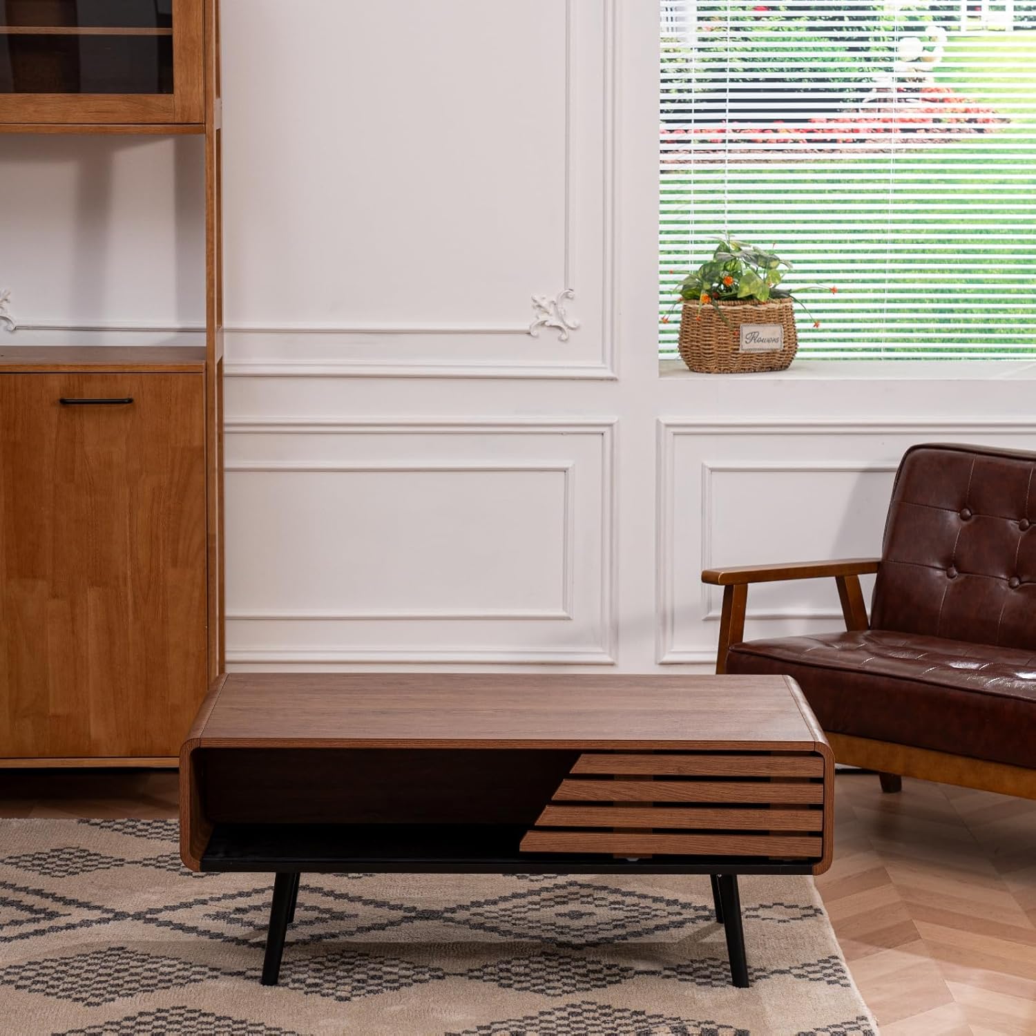 Coffee Table, 40" Modern Coffee Table with Storage and Sliding Door for Living Room, Black and Walnut