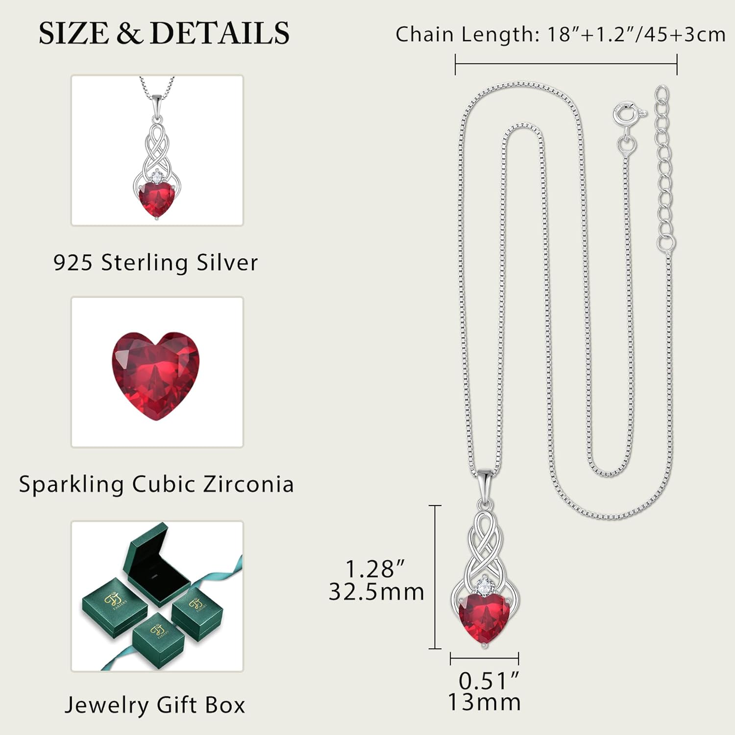 FJ Infinity Celtic Knot Necklace 925 Sterling Silver Heart Birthstone Pendant Irish Good Luck Jewelry Gifts for Women