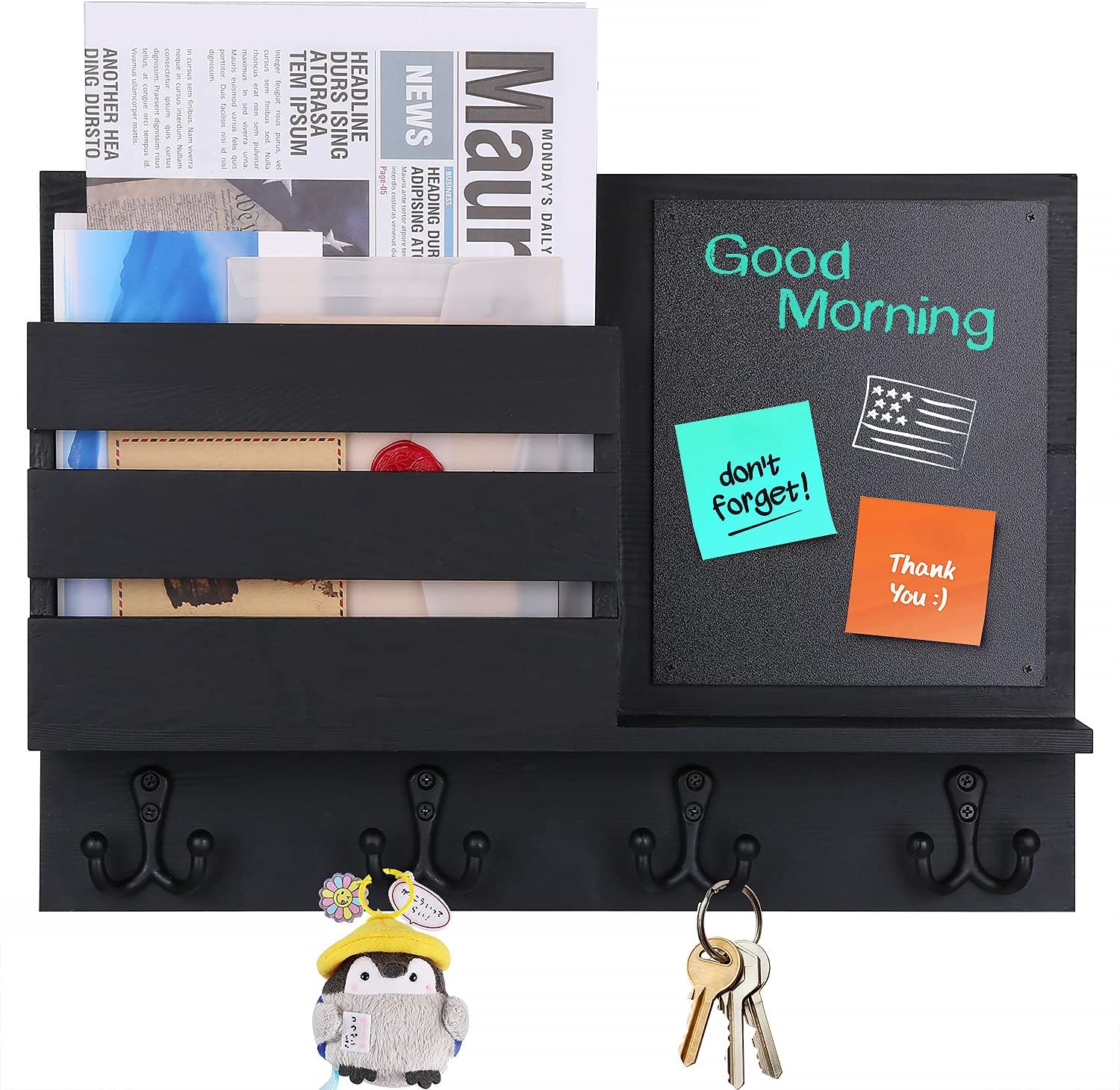 BIGLUFU Key Hooks for Wall, Solid Wooden Mail Key Holder with Chalkboard, for Entryway, Magazine, Newspaper, Letter, Black