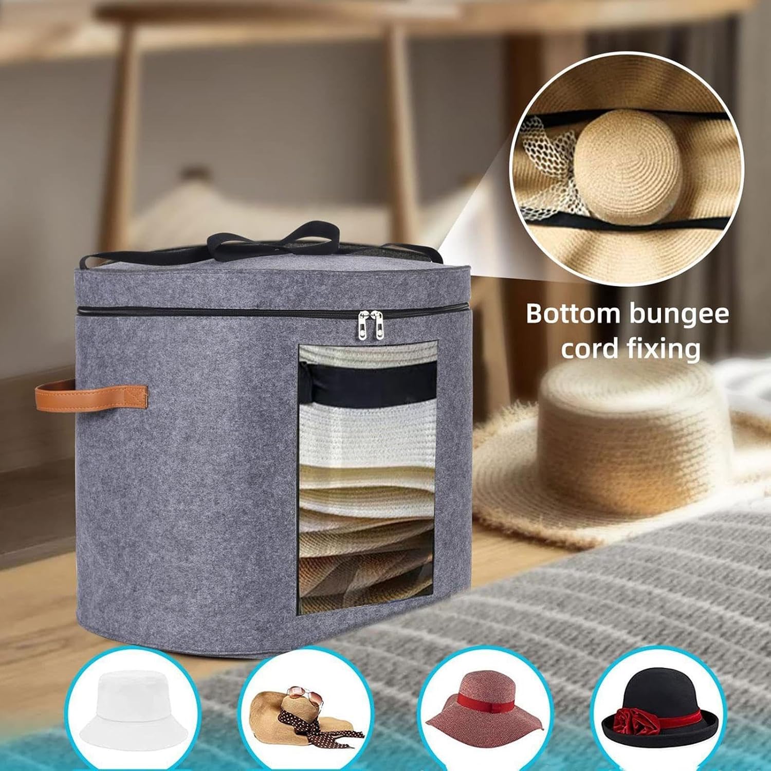 Hat Box, Round Brim Organizer, Folding Cowboy Cap Storage Bag, Clear Window Design, Dust Proof Container with Lid, Space Saving Closet Solution for Hats, Sheets