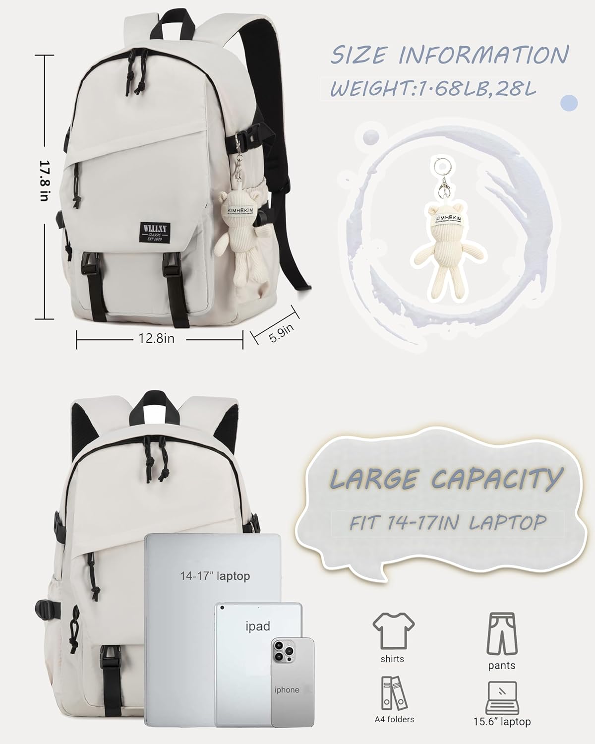 Caoroky knight College School Bag for Men Women Laptop Backpack 15.6 Inch Anti Theft Travel Daypack Large Elementary Middle High Bookbags for Teens Girls Boys Students-Large,off-white