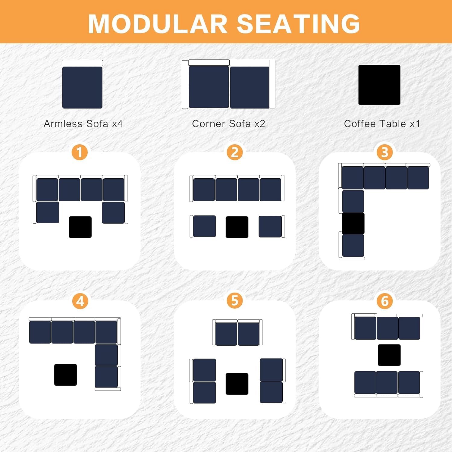 MOCHITO 7 Pieces Outdoor Patio Furniture Sets, All-Weather Sectional Sofa Grey PE Rattan Wicker Conversation Set with Glass Table and Washable Grey Cushions for Backyard,Sunroom,Garden,Porch