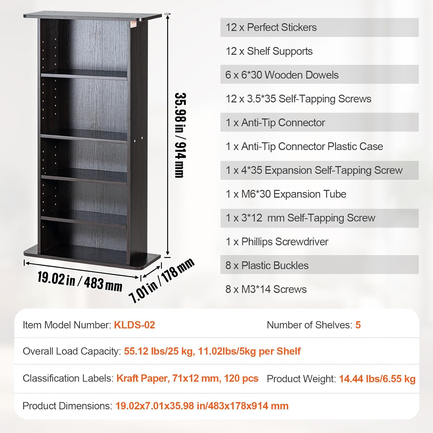 VEVOR Media Storage Cabinet, 5-layer DVD Shelf Holds up to 240 CDs, Adjustable CD Shelves, Protects & Organizes Music, Movie, Video Games or Memorabilia Collections, Espresso