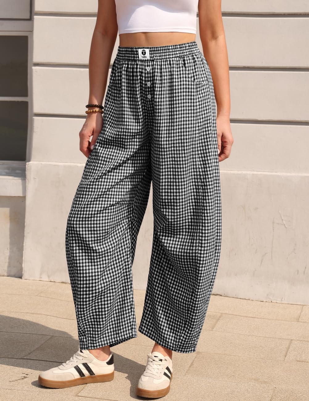 TARSE Gingham Pants Women Barrel Loose Wide Leg Checkered Casual Linen Plaid Trousers with Pockets - Image 3