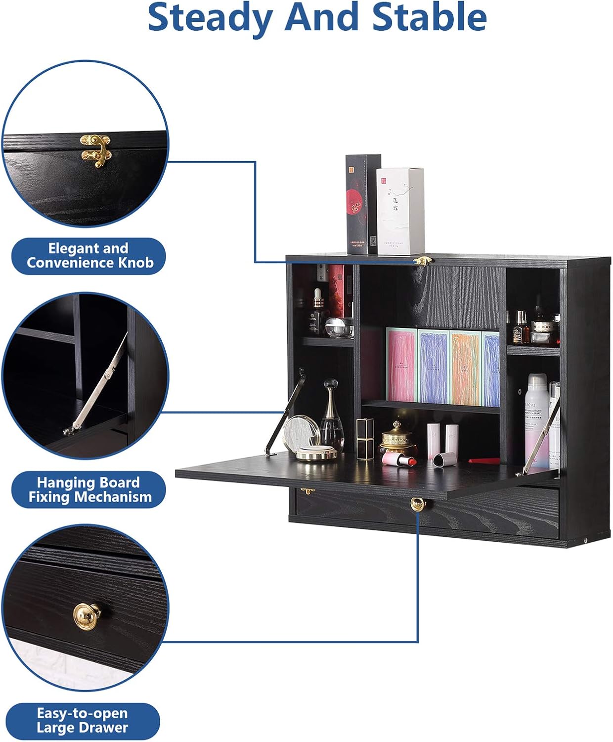 Wall Mounted Table, Multi-Function Folding Laptop Desk Wall Mount Writing Desk with Storage Compartments & Drawer for Home, Office, Small Spaces, Black