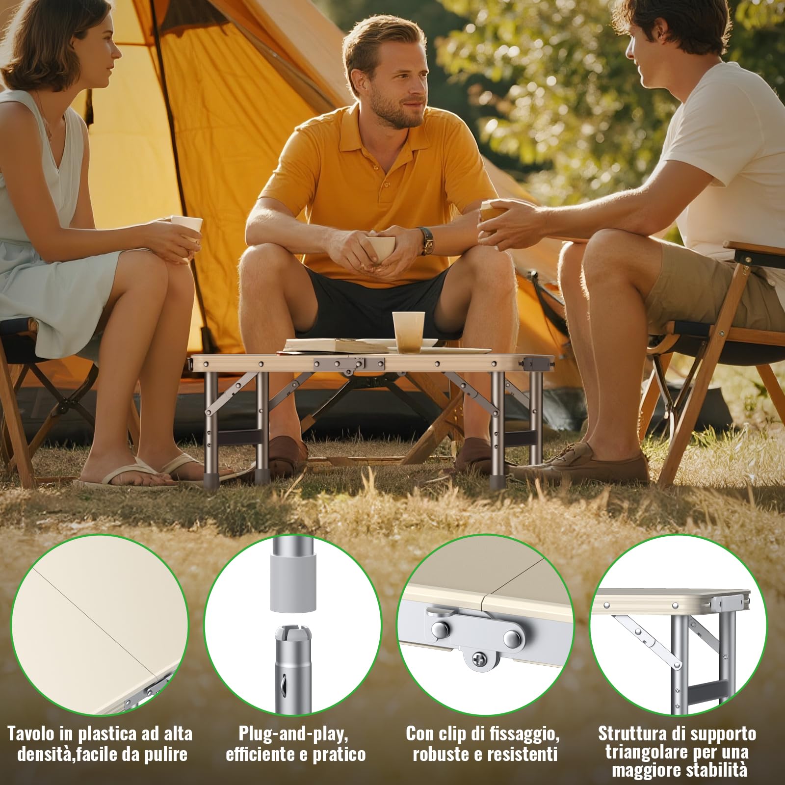 GARLLEN Tavolino da Campeggio Pieghevole,58x40 cm,Piano in Plastica-Bianco | 3 Altezze Regolabili(26/48/70cm),Leggero e Portatile,Tavolo Multifunzionale per Pesca Barbecue Balcone/Portata Massima 30KG