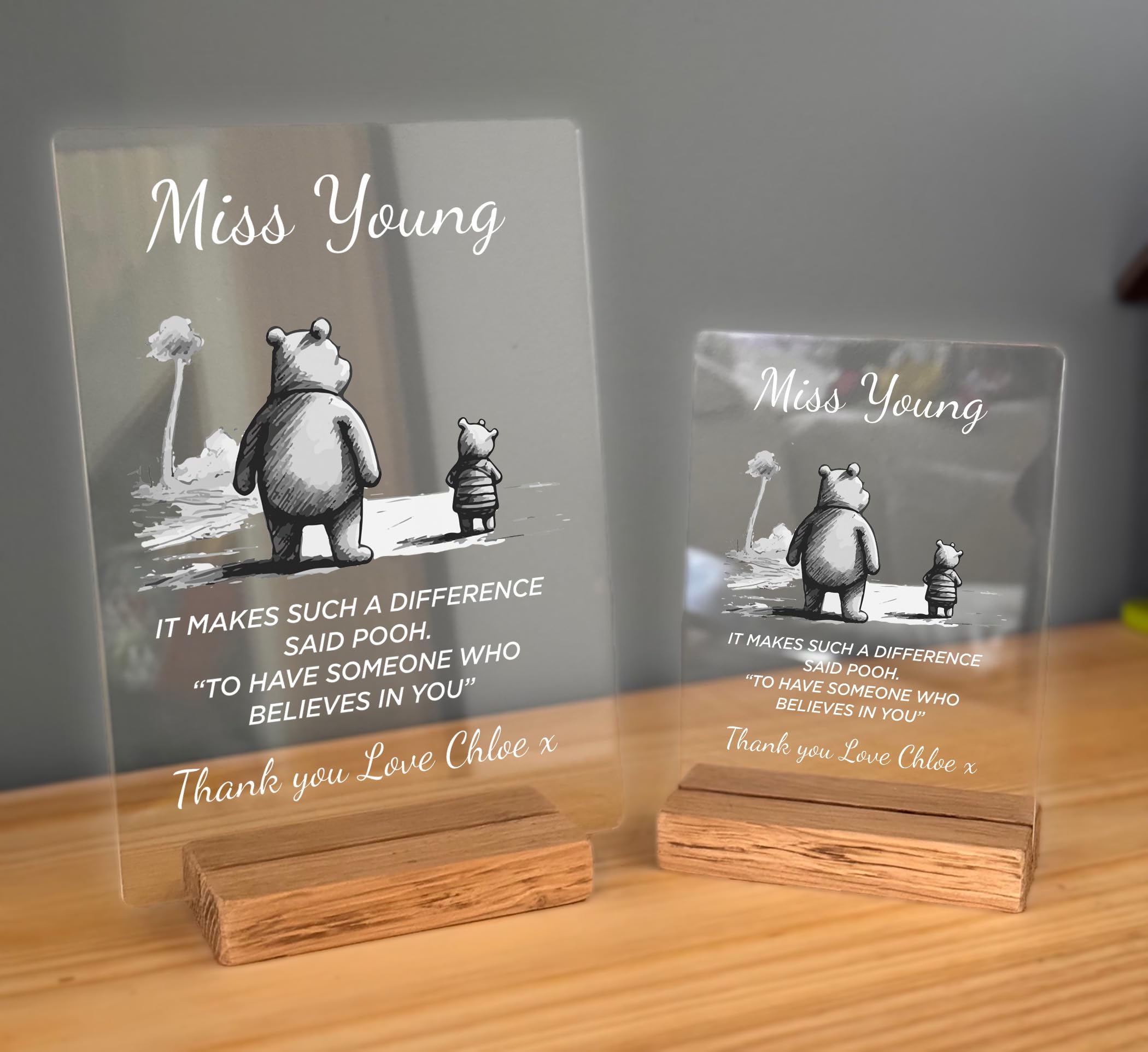 Personalised Teacher Gift Plaque, Solid Oak Stand from Thank You Teacher Gifts Best Teacher Leaving Present - Winnie the Pooh Art & Quote (A6-105x148mm (4.1 x 5.8 inch), With Solid Oak Stand)