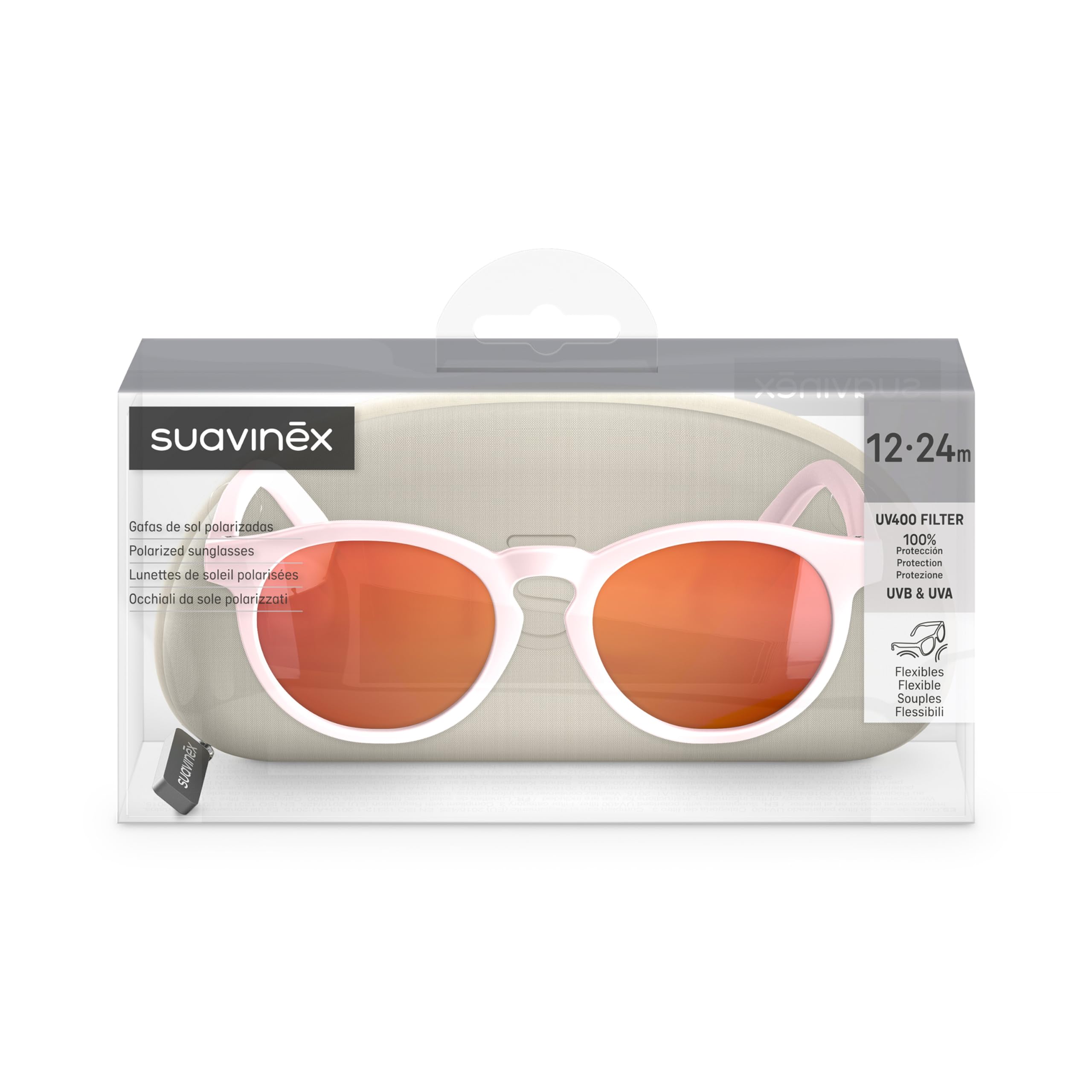 SUAVINEX, Gafas de Sol para Bebés de 12 a 24 Meses, Polarizadas, con Filtro UV 400, Cat. 3, 100% Protección Rayos UVA y UVB, con Funda Incluida, Muy Flexibles y Ligeras, de Forma Redonda, Color Rosa
