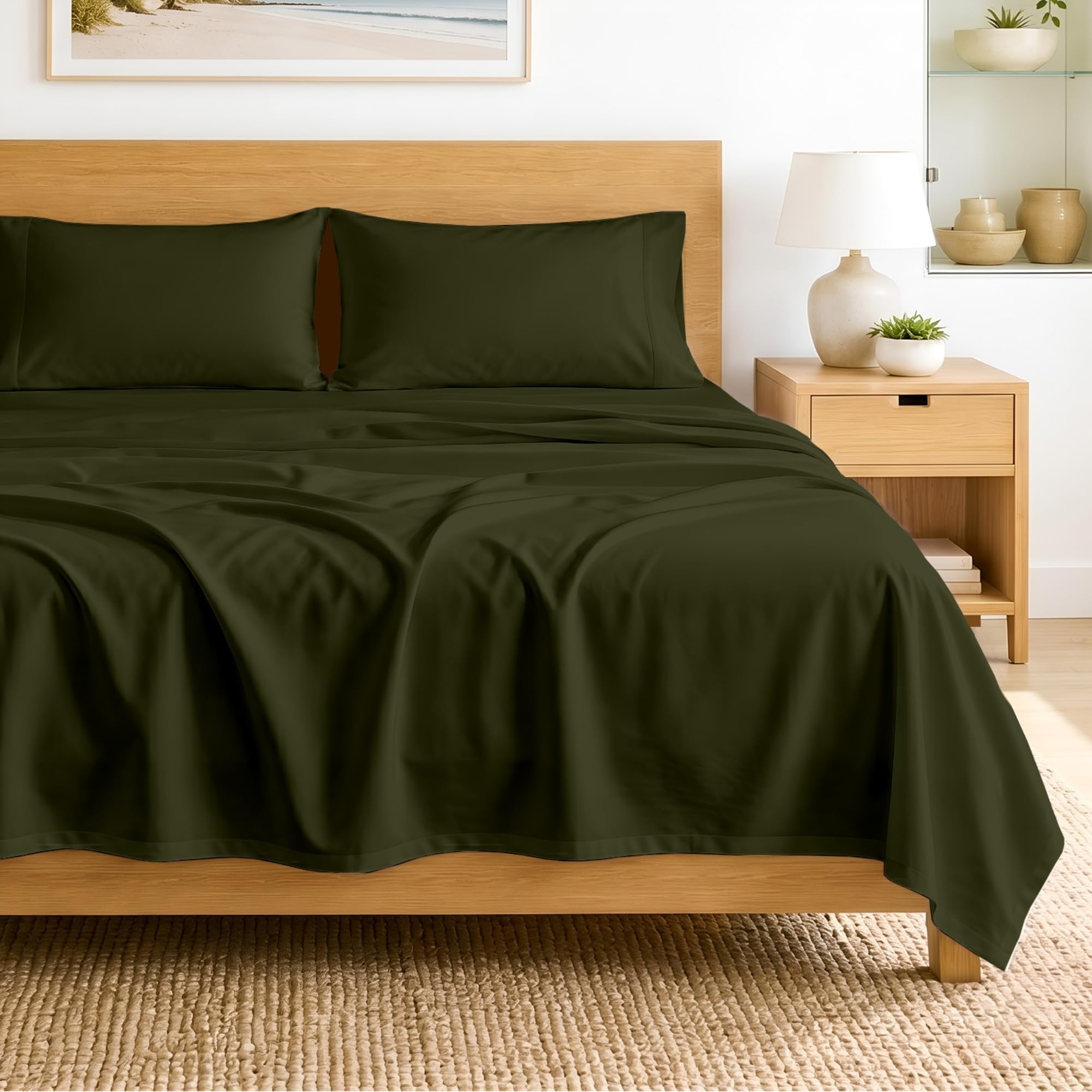 SGI bedding 100% Egyptian Cotton Sheets Full XL Size – 600 Thread Count Sheets Set, Soft, Cooling, 15" Deep Pocket, Luxury Hotel Bedding, Breathable, Durable - Olive Green
