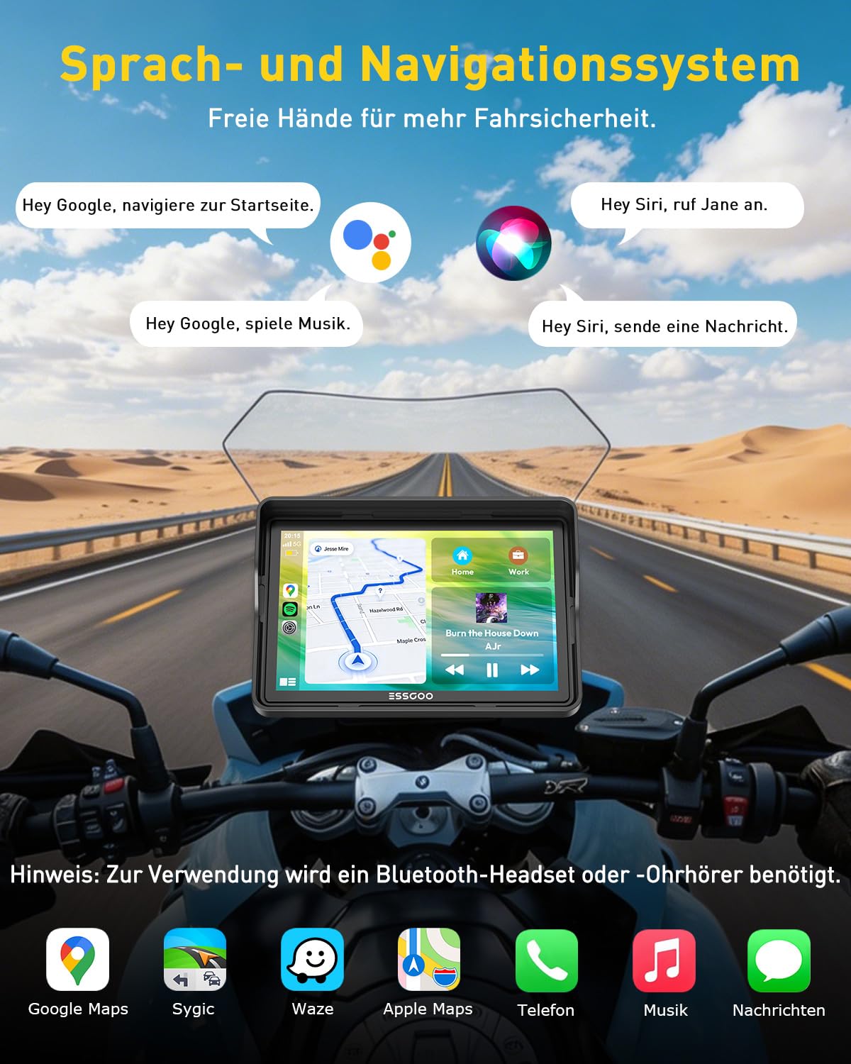 ESSGOO 5 Zoll Motorrad Carplay Display,Kabelloses Motorrad Navigationsgerät mit Apple CarPlay & Android Auto,IP67 Wasserdicht,Dual Bluetooth 5.3,GPS Navigation,Sprachassistent,Acc Stromversorgung