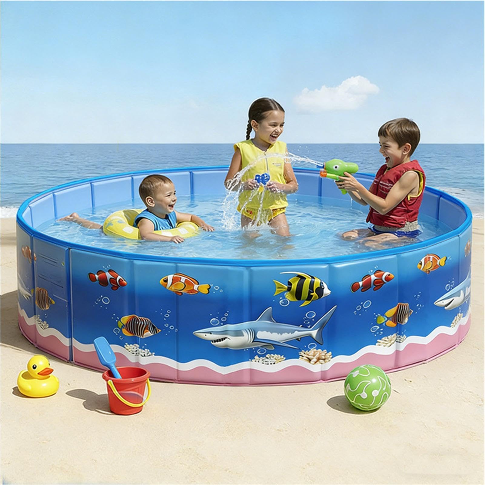 Piscina Esterna Vasca Rigida e Rotonda con Stampa a Tema Mare | Vasca con Stampa Cane Cartone Animato Senza Gonfiaggio Per Terrazza Giardino Acquatico