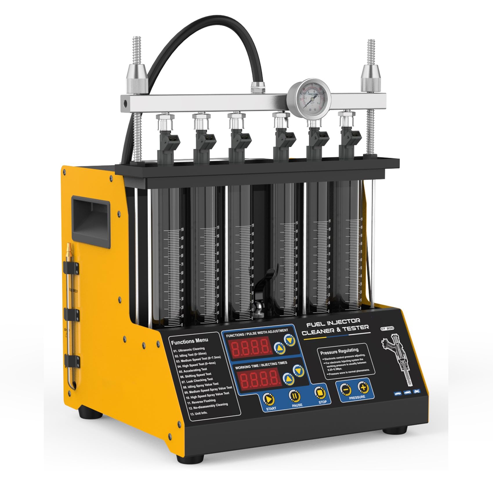 Fuel Injector Cleaner Tester, 6 Cylinder Injector Cleaner Machine with 6 Types Adapter, 3 Cleaning &amp; 9 Testing Functions for Standard Fuel lnjector, GDl, EFl, FSI, CT200