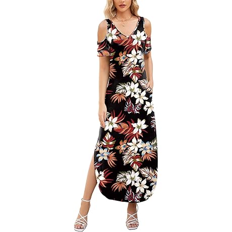 Maxi Dress for Women: Summer V-Neck Cold Shoulder Casual Dress with Pockets