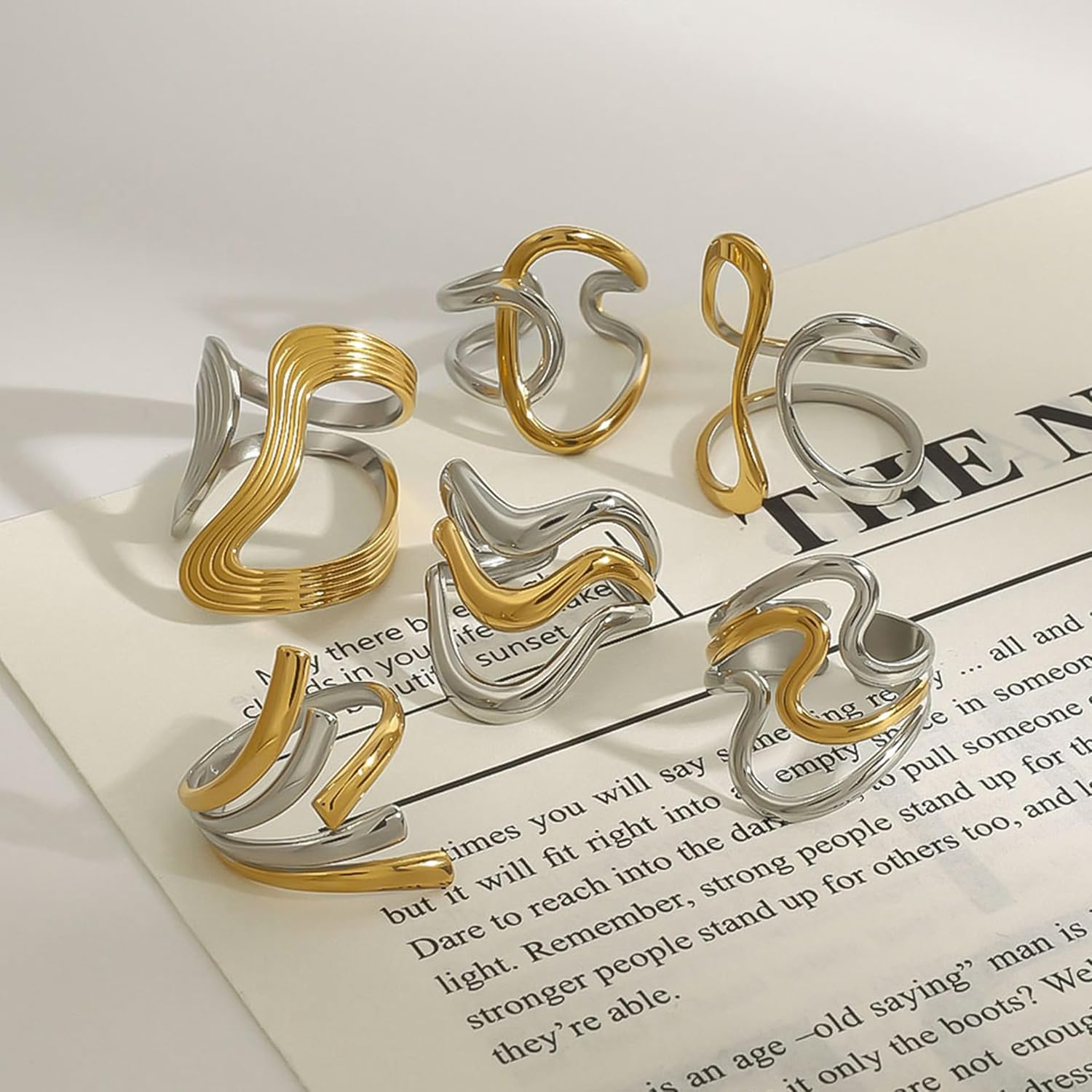 Chunky Thumb Rings For Women, Two Tone Minimalist Hollow Wavy Curve Geometry Adjustable Non Tarnish Stainless Steel Jewelry Gift - Image 4