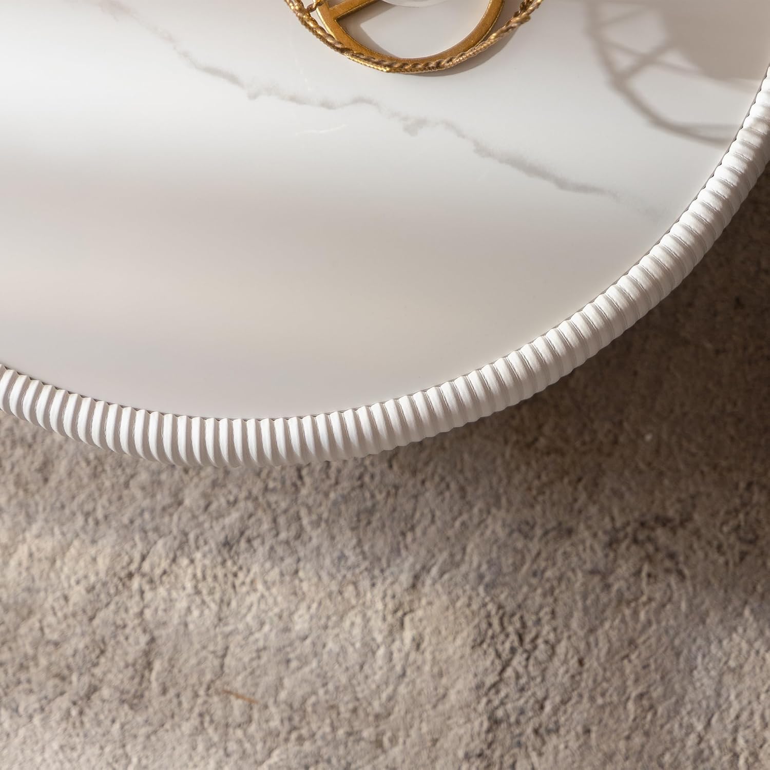 SSLine Bowl-Shape Coffee Table Modern Sintered Stone Top Coffee Table in Cream White Leatherette Unique Bowl Center Table for Living Room Bedroom