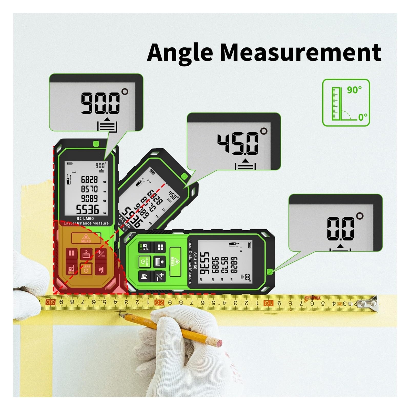 Misuratore Di Distanza Con Raggio Verde Ricaricabile Strumento Misurazione Del Telemetro M/in/Ft Sensore Angolare LCD Precisione Flessibilità Misurazione