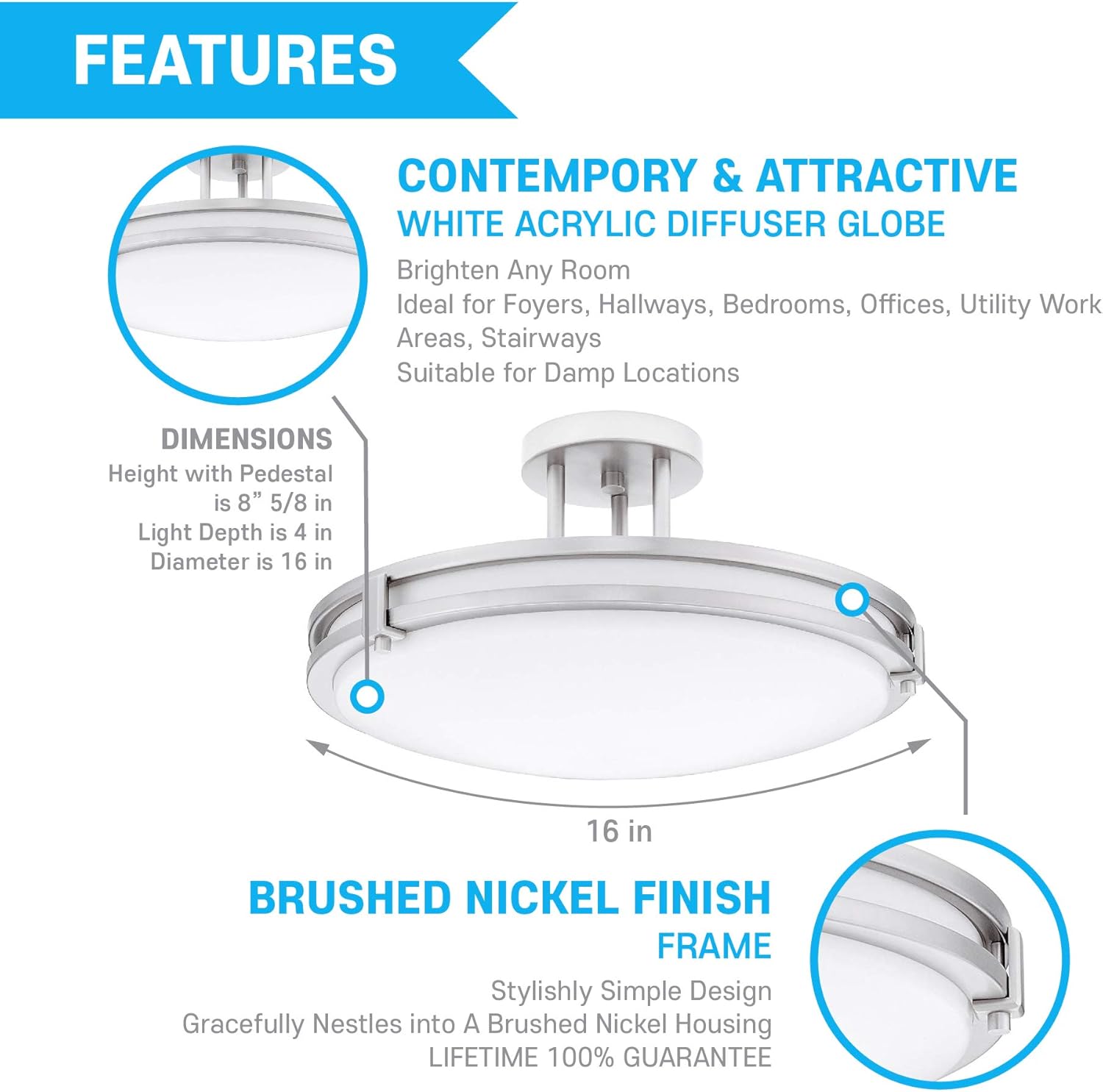 Limited Stock Brushed Nickel Round 2-Light Ceiling Light Fixture - Semi Flush - 23 Watt (200 Watt Equivalent) (16 Inch) Exclusive Special Brushed Nickel Round 2-Light Ceiling Light Fixture - Semi Flush - 23 Watt (200 Watt Equivalent) (16 Inch)