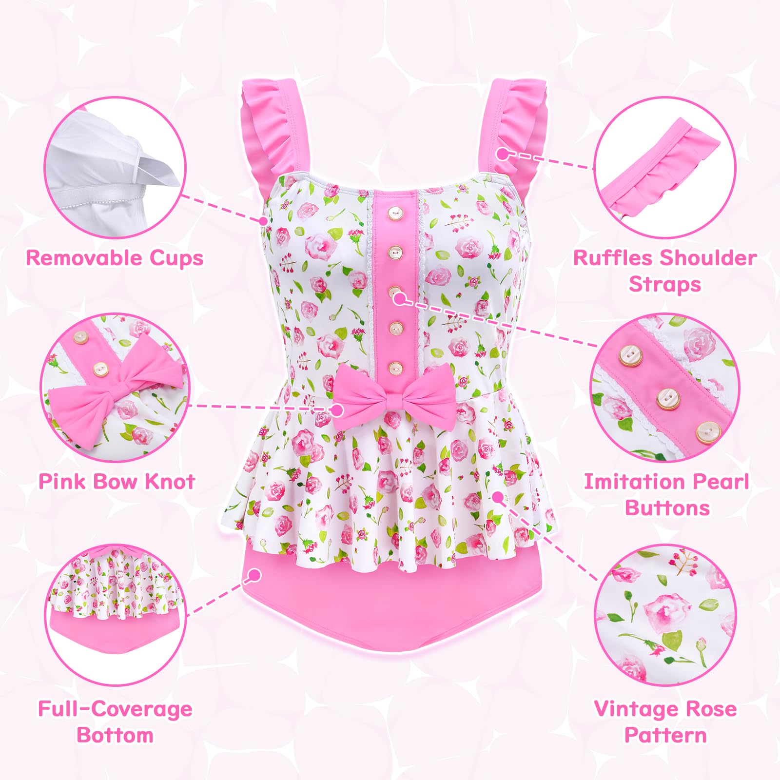 LittleForBig Modest Kawaii jednoczęściowe stroje kąpielowe strój kąpielowy strój kąpielowy – vintage róża/Vintage Sweets