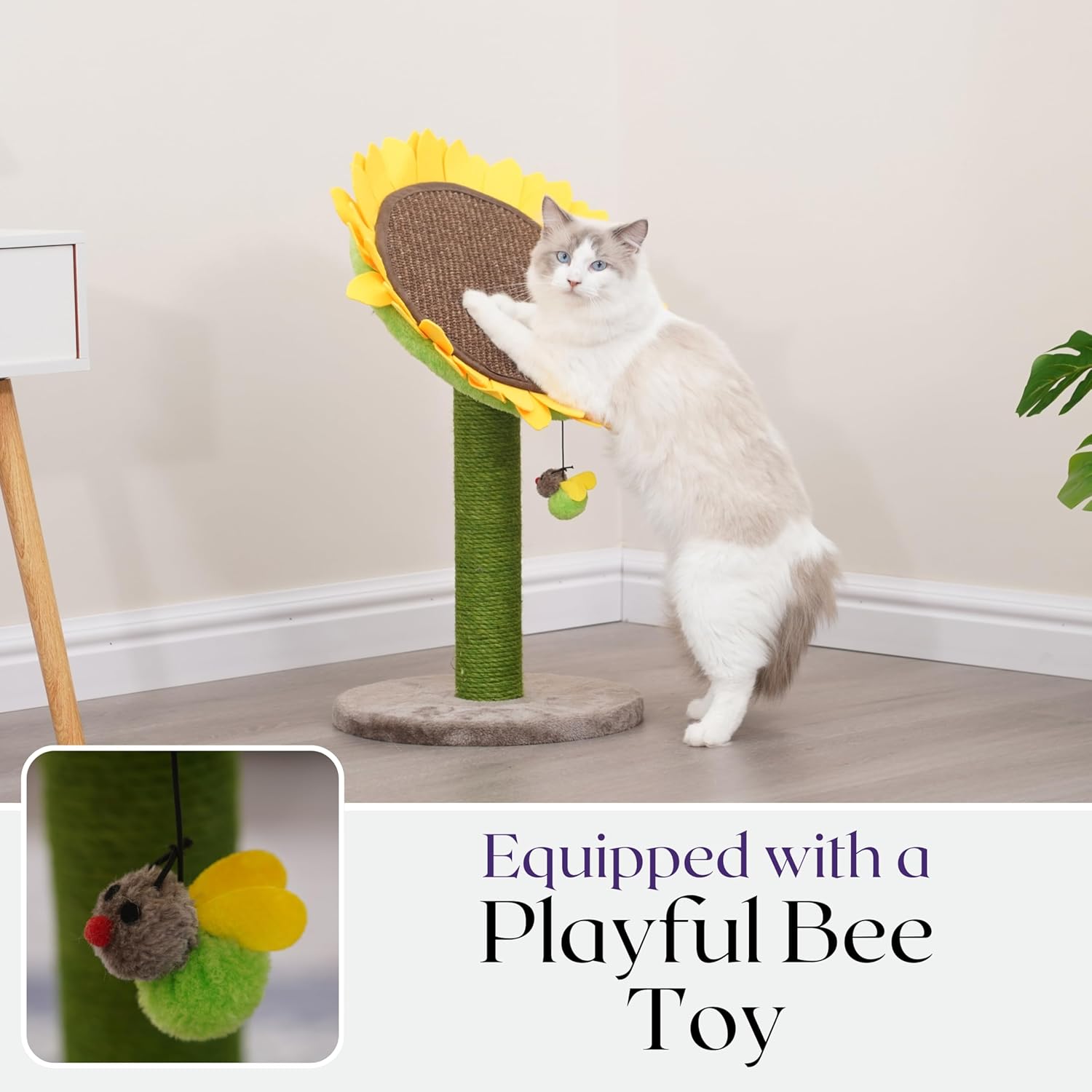 Close-up of the adjustable angle feature of the sunflower perch on the Catry scratching post.