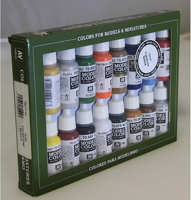 Vallejo 70101 - Vallejo Model Color Folkstone Basics Acrylic Paint Set - 16 x Assorted 17millimeter Colour