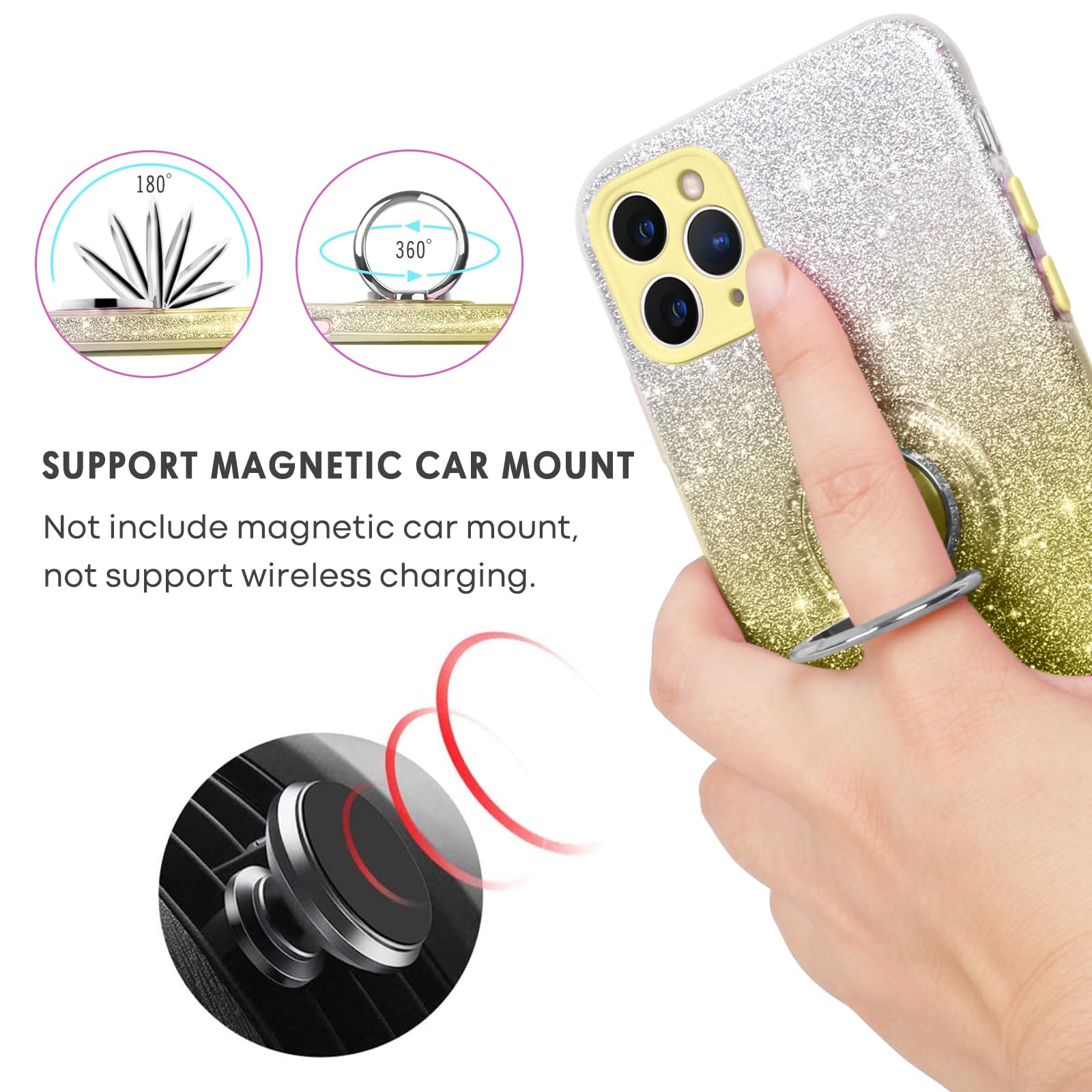 SouliGo For IPhone 11 Pro Max Case Glitter Bling Sparkle Trendy Girls Women Cover With 360° Ring Holder Kickstand Magnetic Car Mount Protective