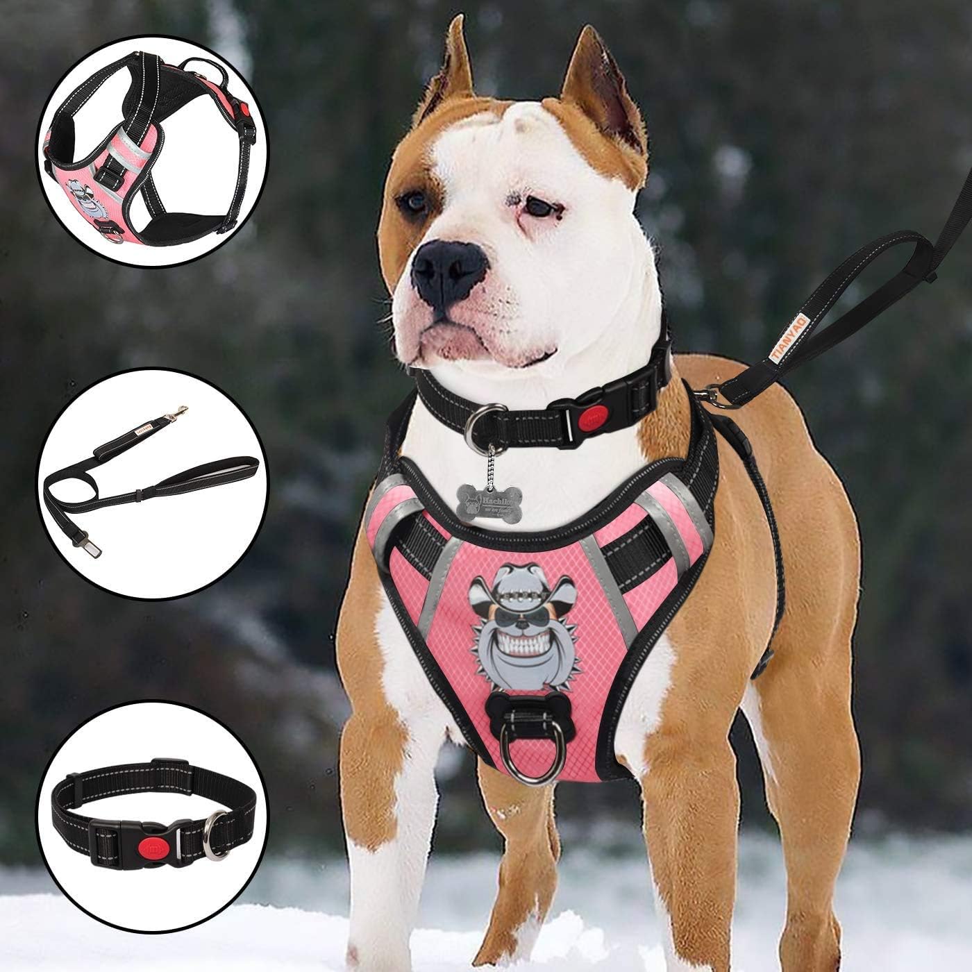 TIANYAO Dog Harness No-Pull Dog Vest Set Reflective Adjustable Oxford Material Pet Harness for Medium Large Dogs with Leash and Collar (Large(Chest:25-35"), Pink)