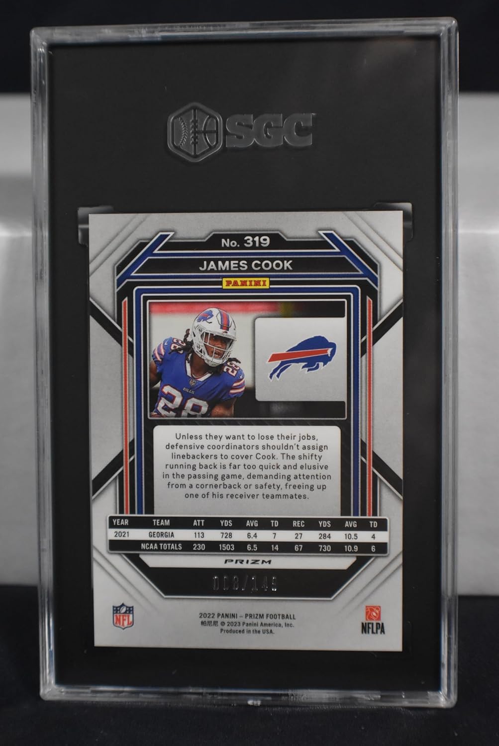 JAMES COOK 2022 Panini Prizm #319 RED WAVE PRIZM PARALLEL Rookie Football Card RC #008 of only 149 Made! SGC Graded Mint+ 9.5! Buffalo Bills