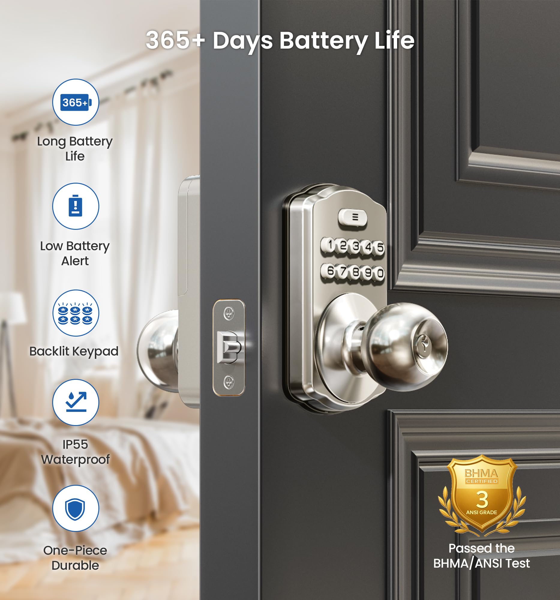 Veise Serratura a manopola per porta tastiera, serratura digitale senza chiave con maniglia, manopola elettronica intelligente per porta d'ingresso e camera da letto, facile da installare, blocco