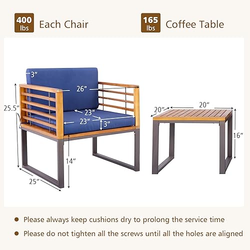 Miniatura 4 de Tangkula Juego de 3 piezas de madera de acacia para patio, juego de conversación al aire libre con sillones acolchados y mesa de centro cuadrada,