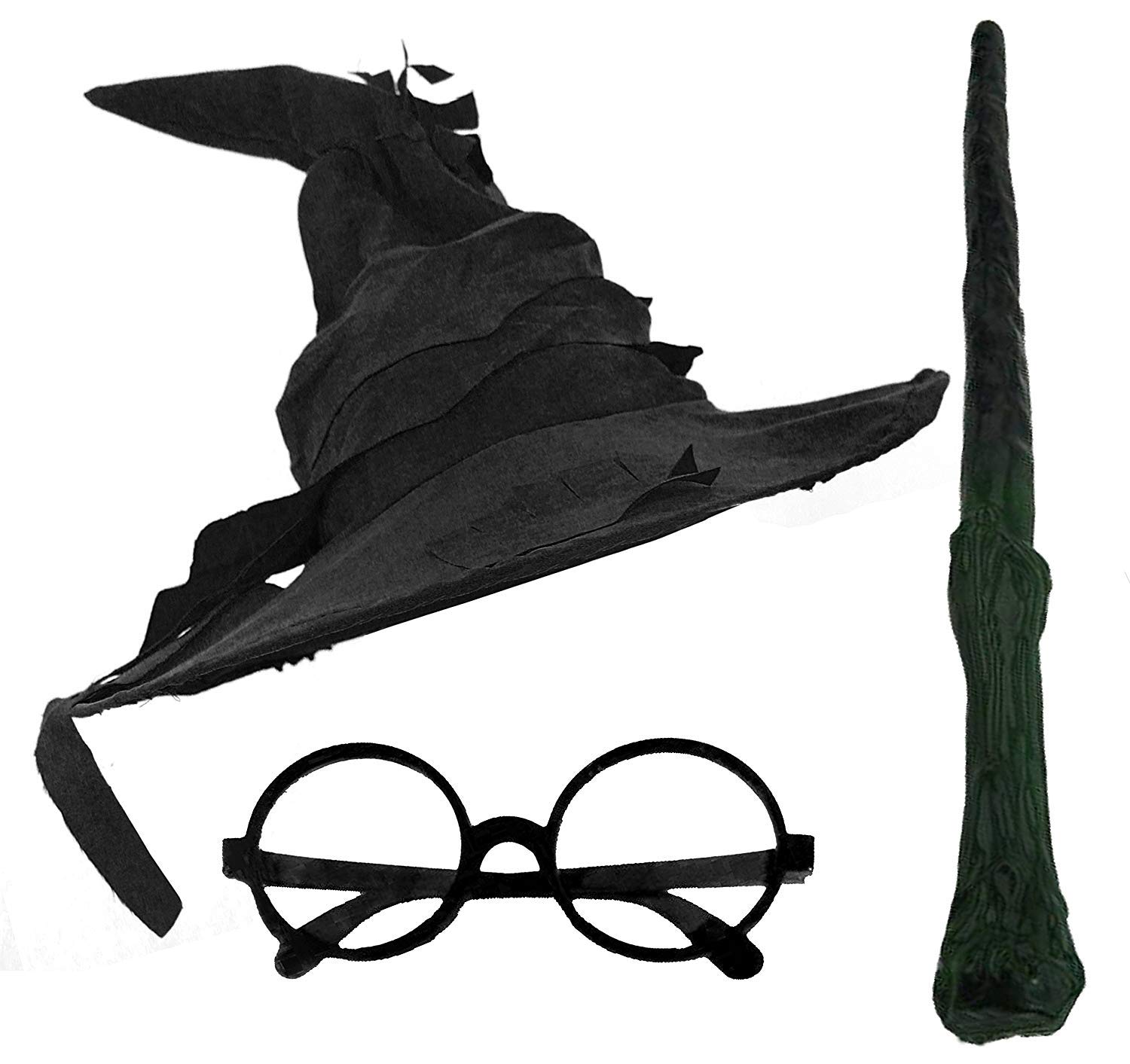 ADULTS WIZARD FANCY DRESS COSTUME ACCESSORY SET - WIZARD HAT + ROUND BLACK GLASSES + BRANCH STYLE WIZARD'S WAND - FANCY DRESS ACCESSORIES FOR BOOK WEEK (BLACK)