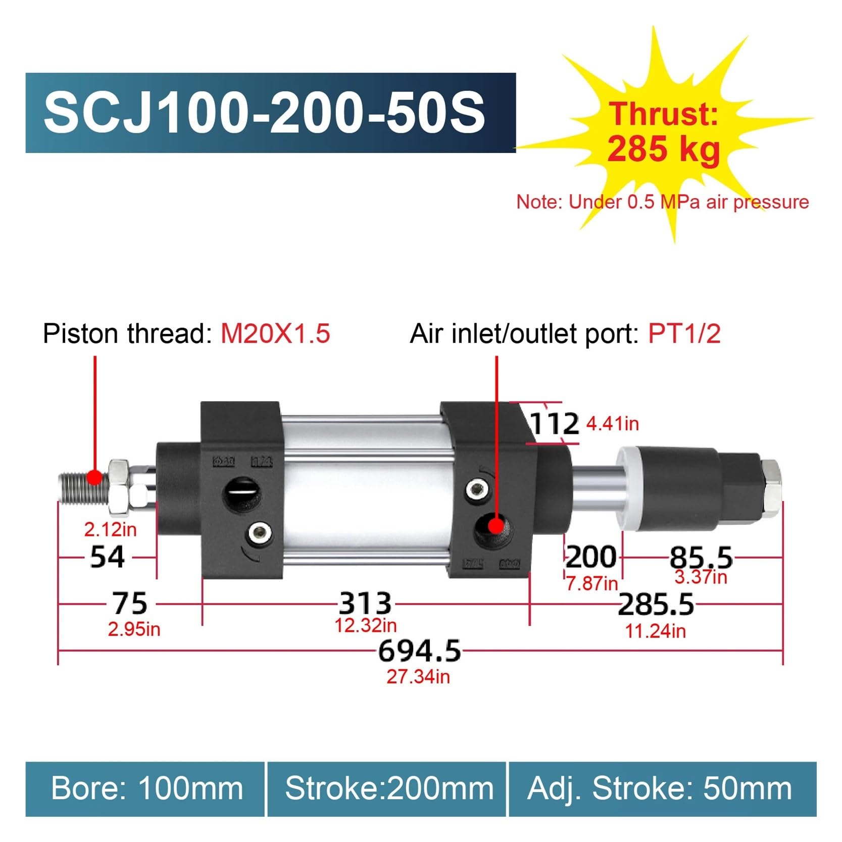 SCJ100 Regulowany skok Cylinder pneumatyczny Otwór 100 mm Dwudziałający aluminiowy korpus 285 kg Cylinder powietrza wzdłużnego 25-200 mm