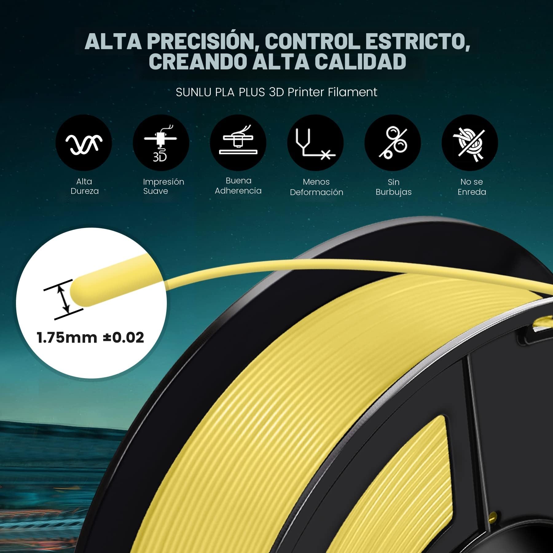 SUNLU PLA+ Filamento 1.75mm Negro 1KG para Impresoras 3D FDM