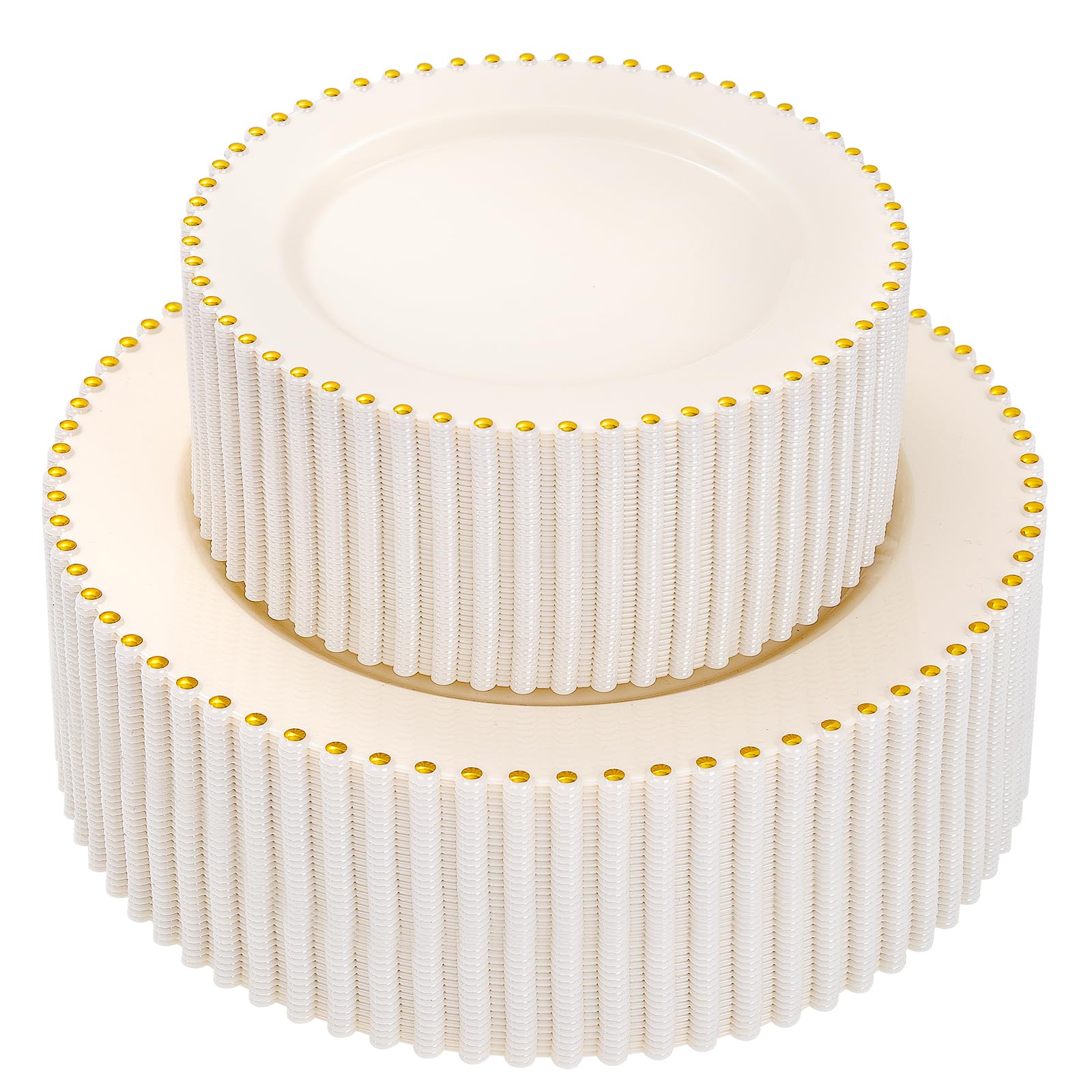 supernal 100pcs ivory plastic plates with gold beads - heavy duty elegant disposable plates set include 50 cream plastic dinner plate and 50 dessert plate perfect for wedding, birthday & party