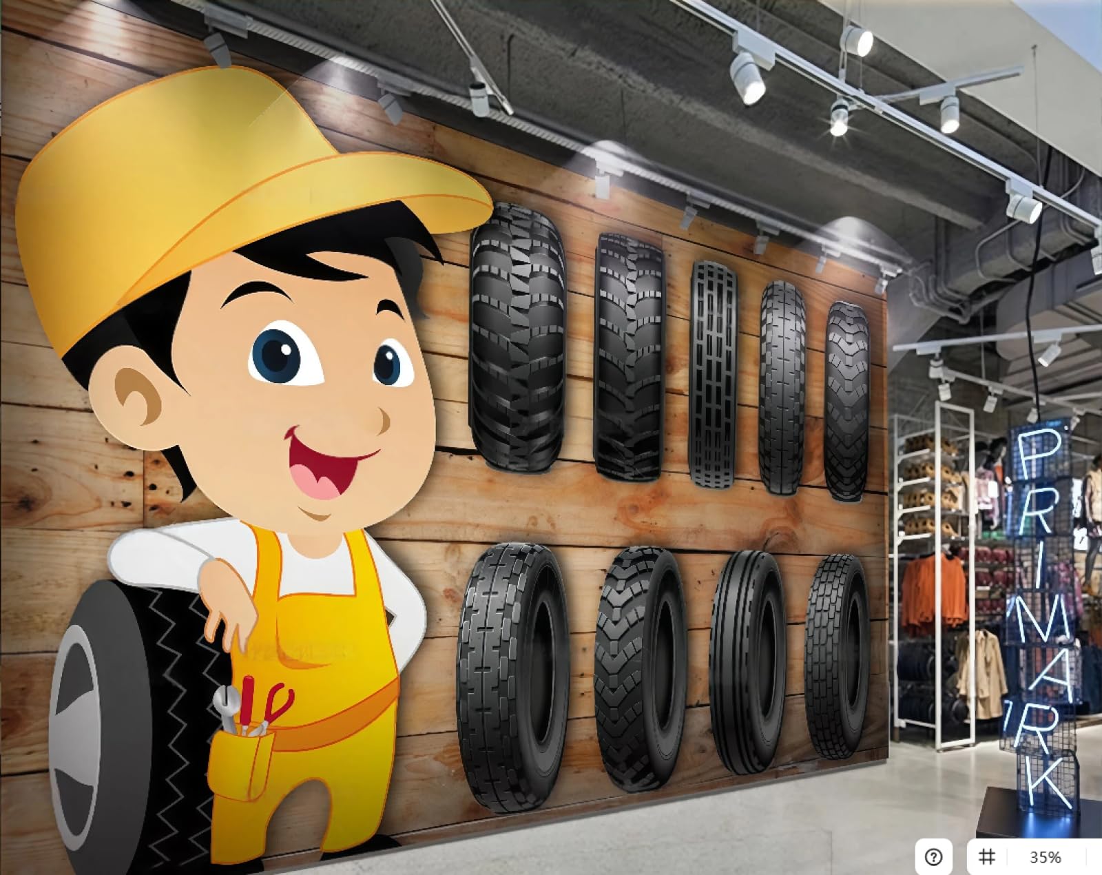 XDOUBAO Wallpaper Nostalgic Wooden Board Cartoon Hand-Painted Tire Repairman Theme Shopping Mall Afternoon Tea Western Restaurant Background Wall Wallpaper Coffee Shop Mural,3D,350x245cm