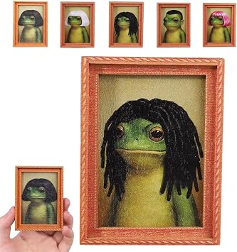 Funny Frog Magnet,Magnetic Frogs for Refrigerator,Retro Mini Wooden Framed Frog Art Magnet Home Office Kitchen Decor,Cute Green & Haircut Frame Frogs Art for Animal Lovers 1PC-A
