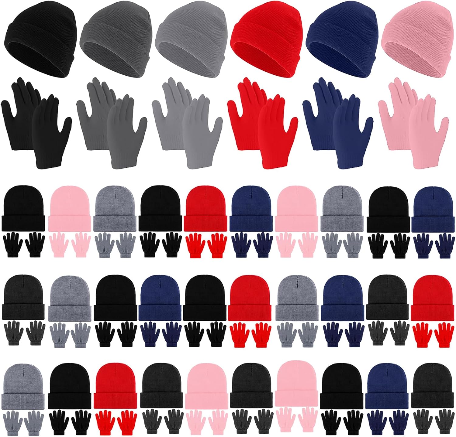 Xtinmee 60 Pcs Kids Beanie and Gloves Winter Set Knit Hat and Gloves Bulk for Boys Girls Children Cold Weather Homeless Shelters Supplies, Multicolor