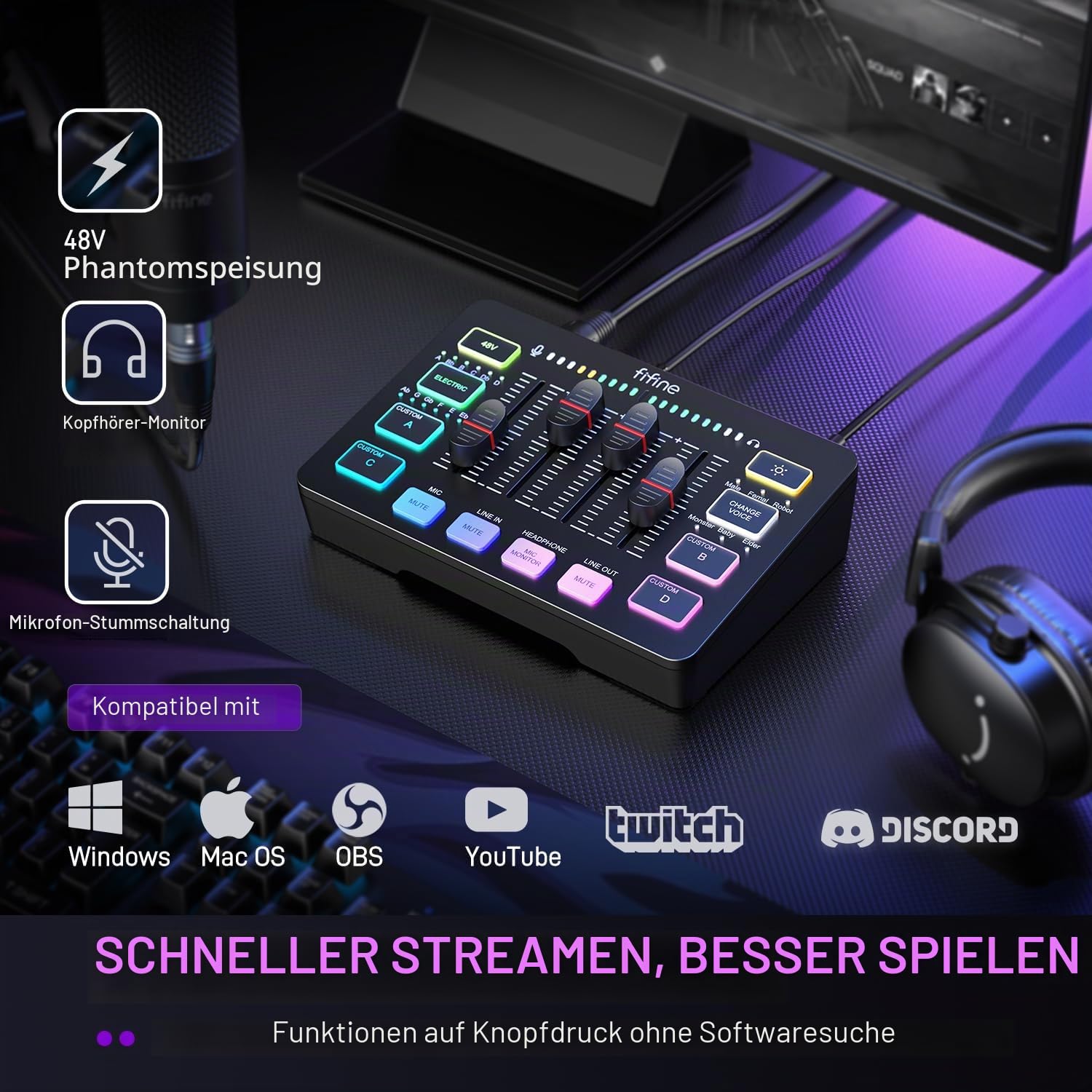 FIFINE Gaming Audio Mixer, Streaming RGB PC Mixer mit XLR Mikrofon Schnittstelle, Individuelle Steuerung, Volume Fader, Stummschalttaste, 48V Phantomspeisung, für Podcast/Aufnahme/Gesang/Spiel
