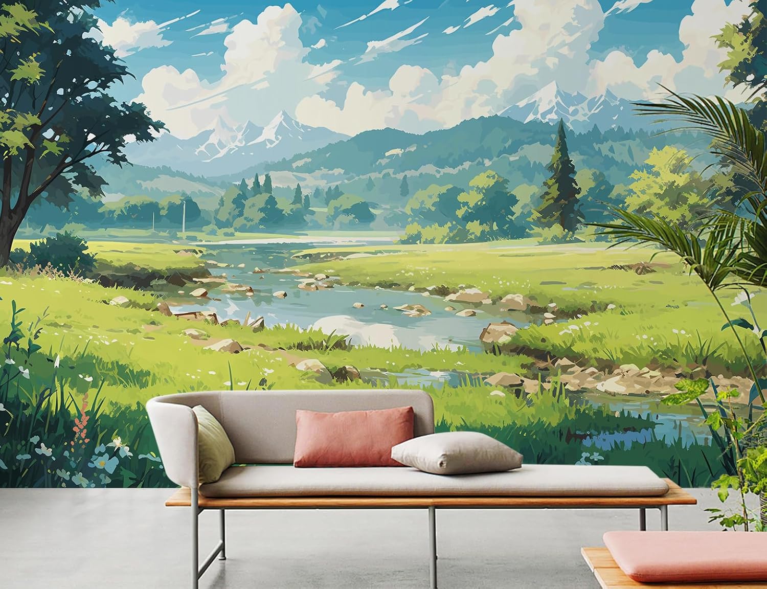 LiveGallery 59x104.7inch Large Watercolor Wild Natural Landscape Wallpaper Forest Mountain Tree Streams Wall Mural Clouds Flowers Green Meadow Wall Decor for Home Wall Decoration (C)