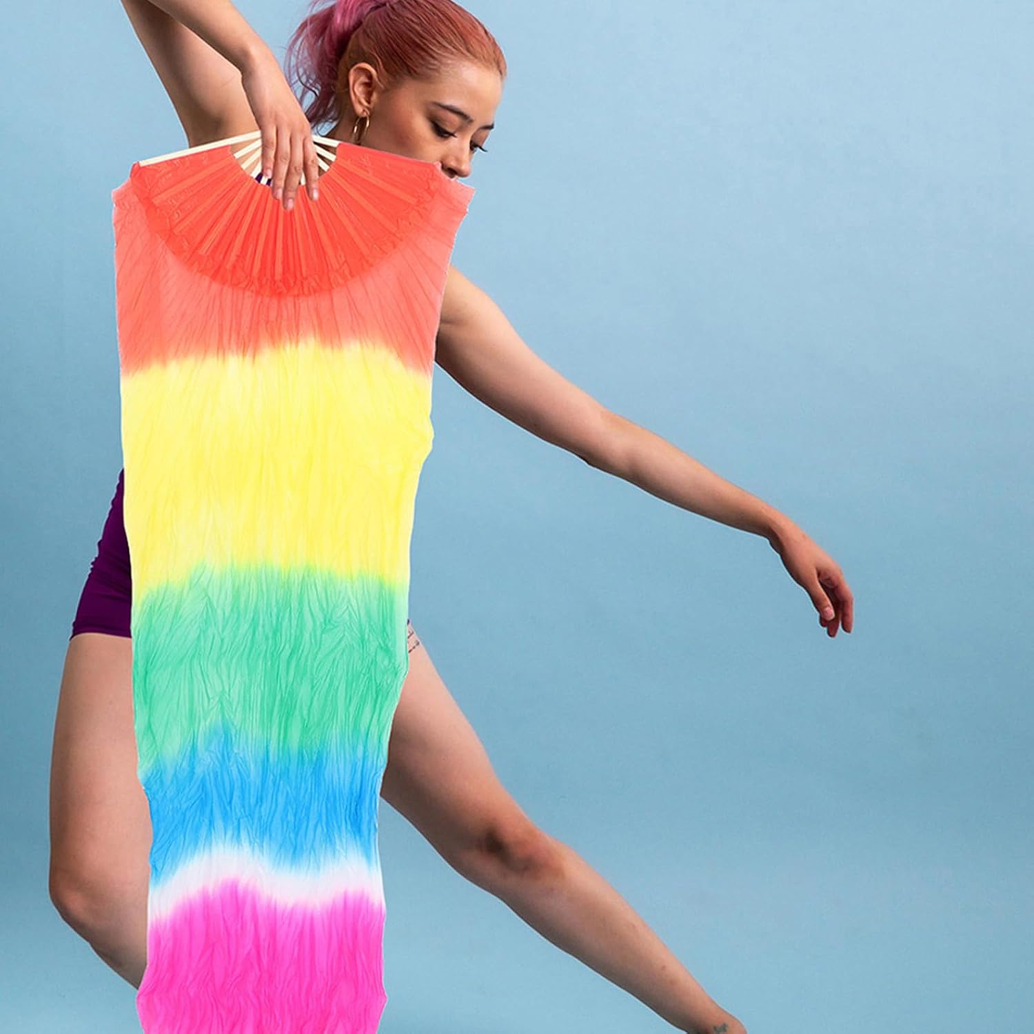 BESTonZON Rainbow Belly Dance Silk Veil Fan 1.2m Handle for Stage Shows | Lightweight Silk, Easy Handling, Left and Right Hand Use, Beginners Professionals