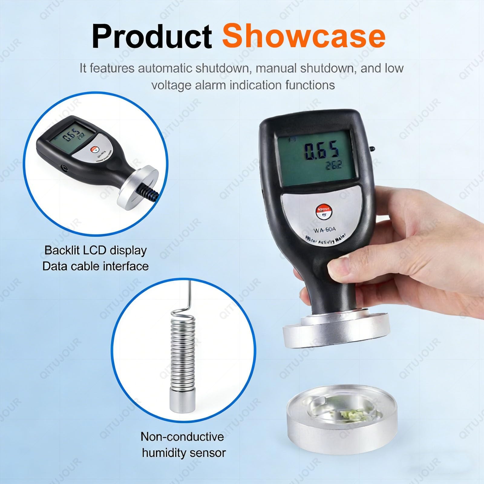 Misuratore di attività dell'acqua per test alimentari, tester portatile di sicurezza per frutta e verdura, display a LED, gamma 0-1,0 aw, risoluzione 0,01 aw, strumento di misurazione accurato