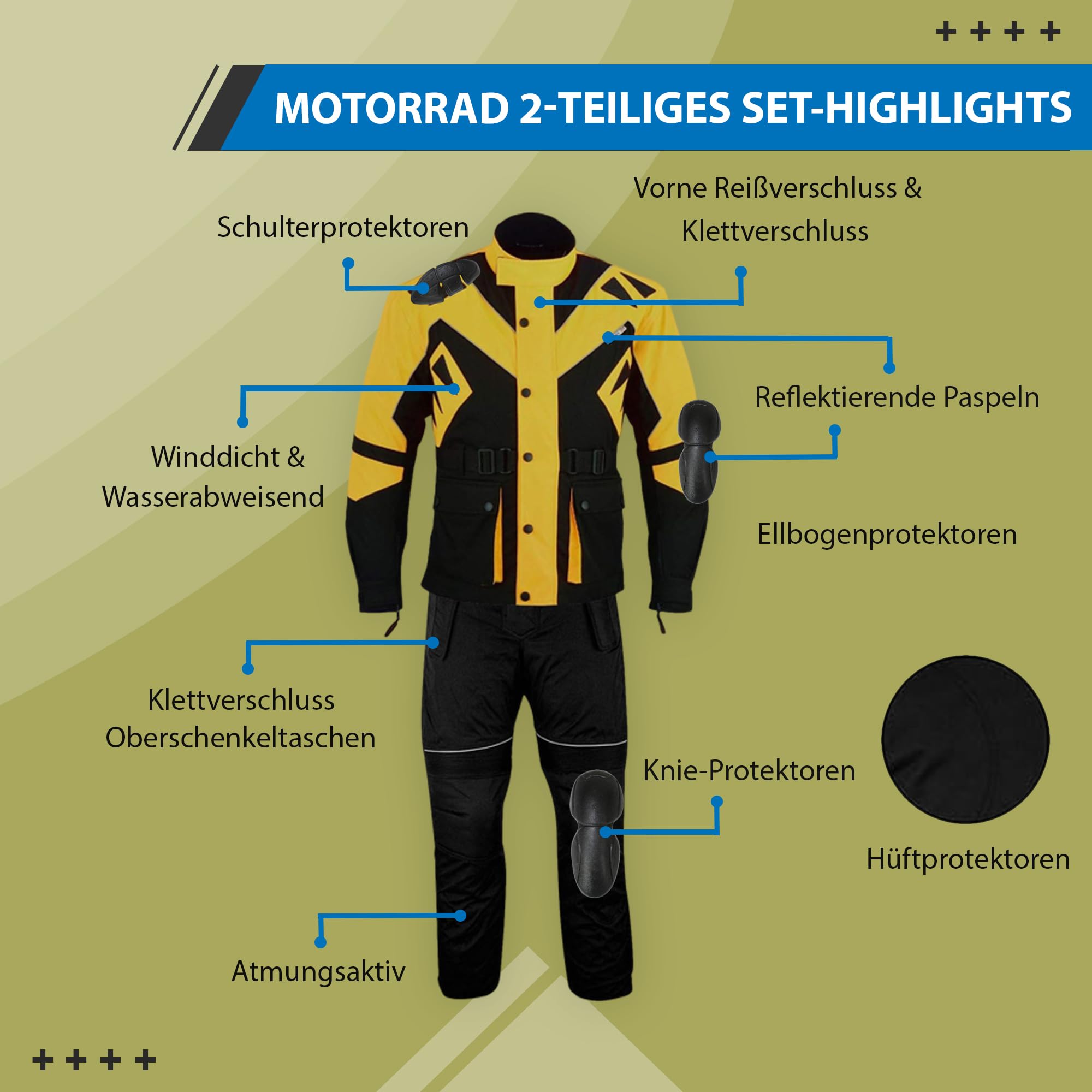 German Wear Motorradkombi Herren 2-teiler mit Protektoren Motorradanzug Textilien Motorradjacke & Motorradhose motorrad kleidung Gelb - 56