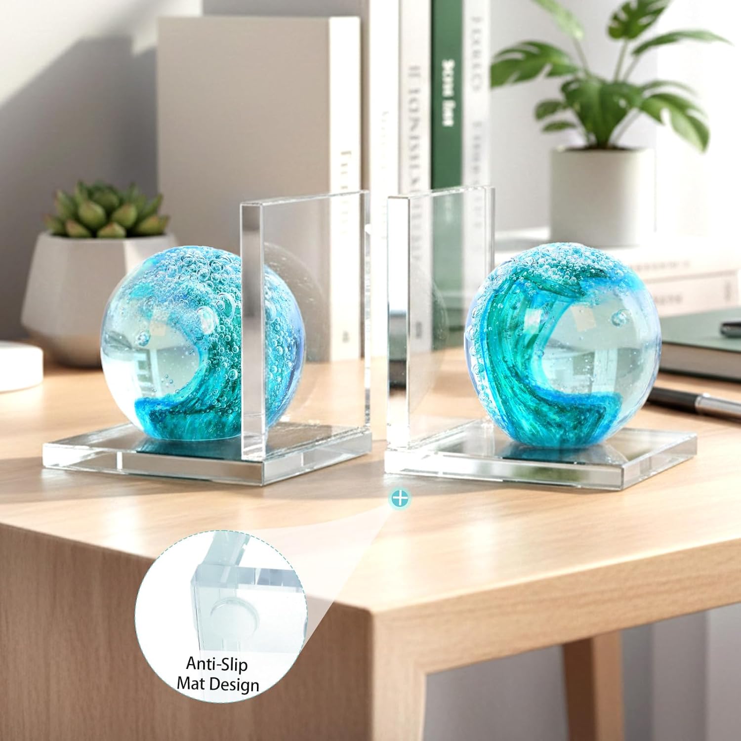Glass Book Ends Set of 2, Handmade L-Shaped Bookends with Sea Wave Ball Design – Non Skid Heavy Duty Book Stopper for Shelves, Desk, and Home Office Decorative