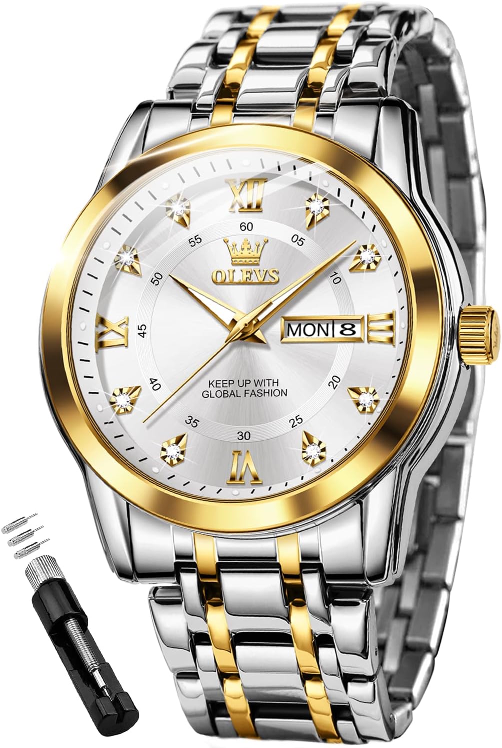 Mens Diamond Watch Luxury Business Dress Wrist Watches Quartz Stainless Steel Waterproof Luminous Day Date