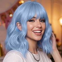 SUKRI Pastel Light Blue Bob Wigs with Bangs for Women Loose Wavy Wig 12 Inch Shoulder Length Bob Synthetic Cosplay Wig for Girls Colorfed Costume Wigs Light Blue